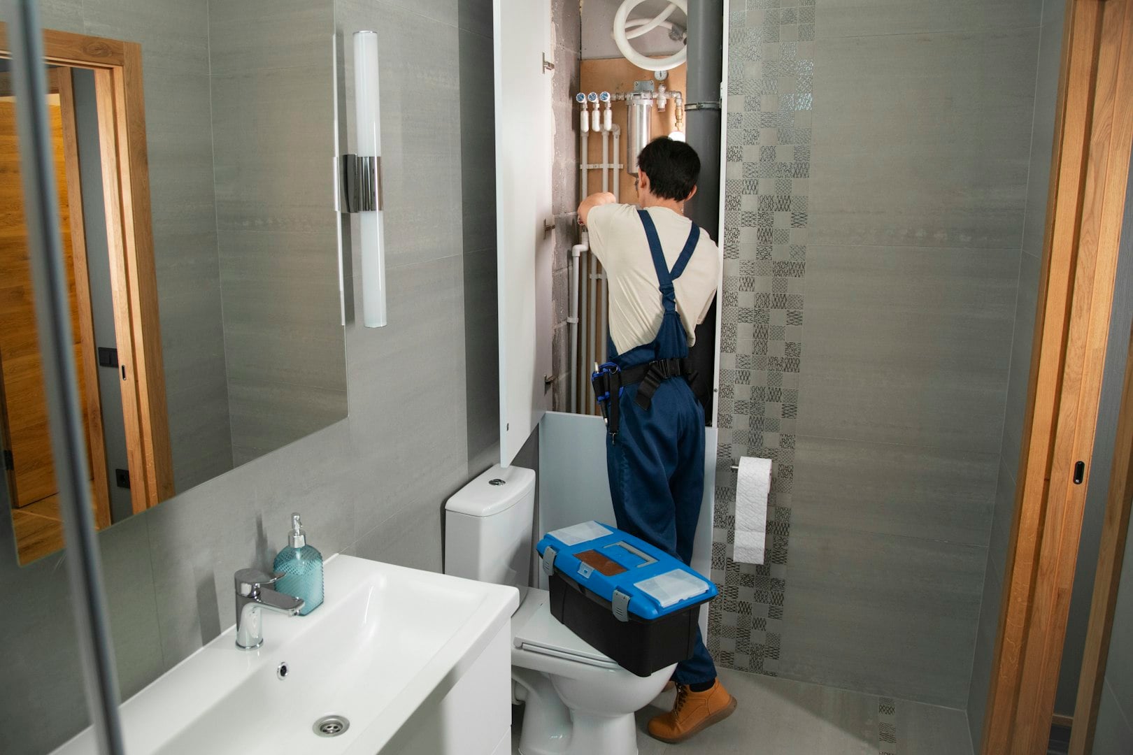 Worker repairing pipes under a professional kitchen sink, ensuring operational workflow